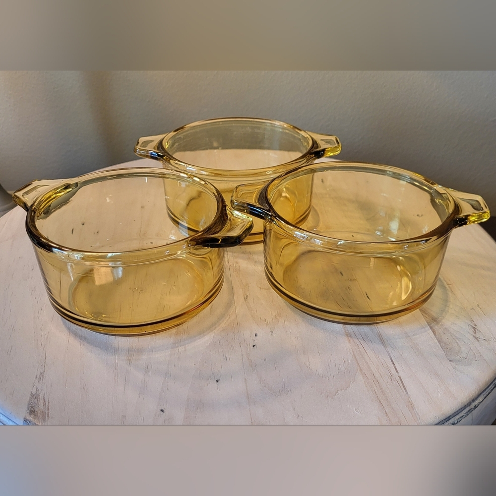 Set of 3 Vtg Pyr-O-Rey Dynaware Amber Glass 13oz Casserole Baking Dishes Mexico